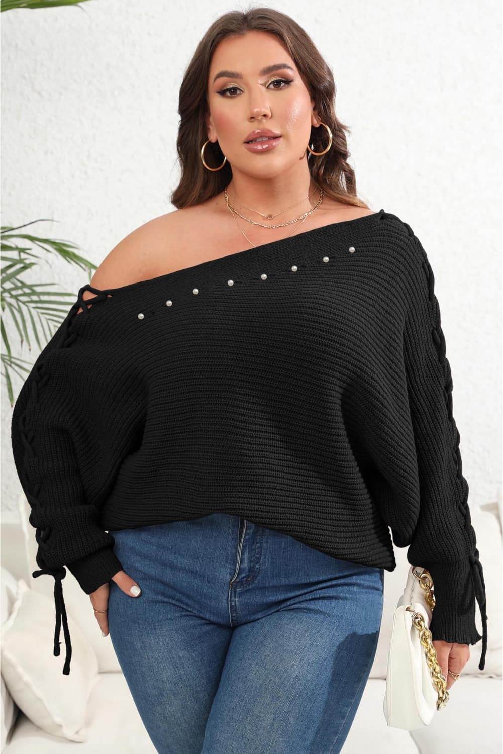 Plus Size One Shoulder Beaded Sweater - IntuitiveEncBoutique