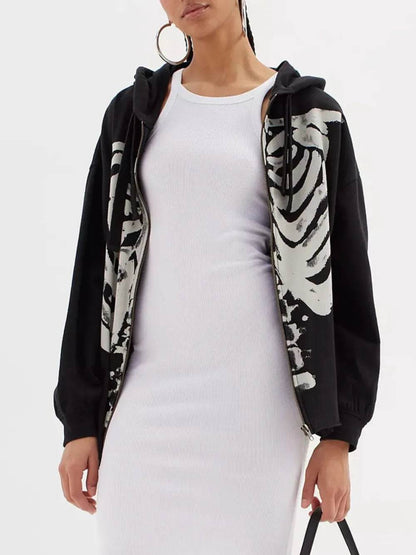 Skeleton Zip Up Drawstring Hoodie - IntuitiveEncBoutique
