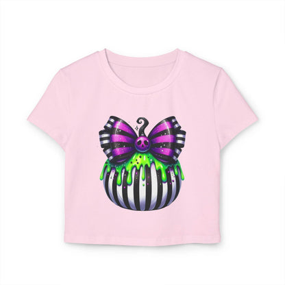 Cute Halloween Baby Tee with Spooky Bow Design | Women's Graphic T-Shirt, Party Shirt, Fall Fashion, Gift Idea, Casual Wear - IntuitiveEncBoutique