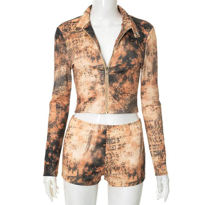Tie dye distressed printed long sleeved zipper cardigan tight shorts two-piece set - IntuitiveEncBoutique
