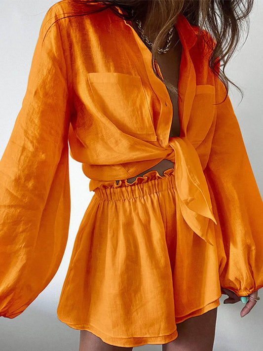 Full Size Button Up Balloon Sleeve Top and Shorts Set Plus Size - IntuitiveEncBoutique