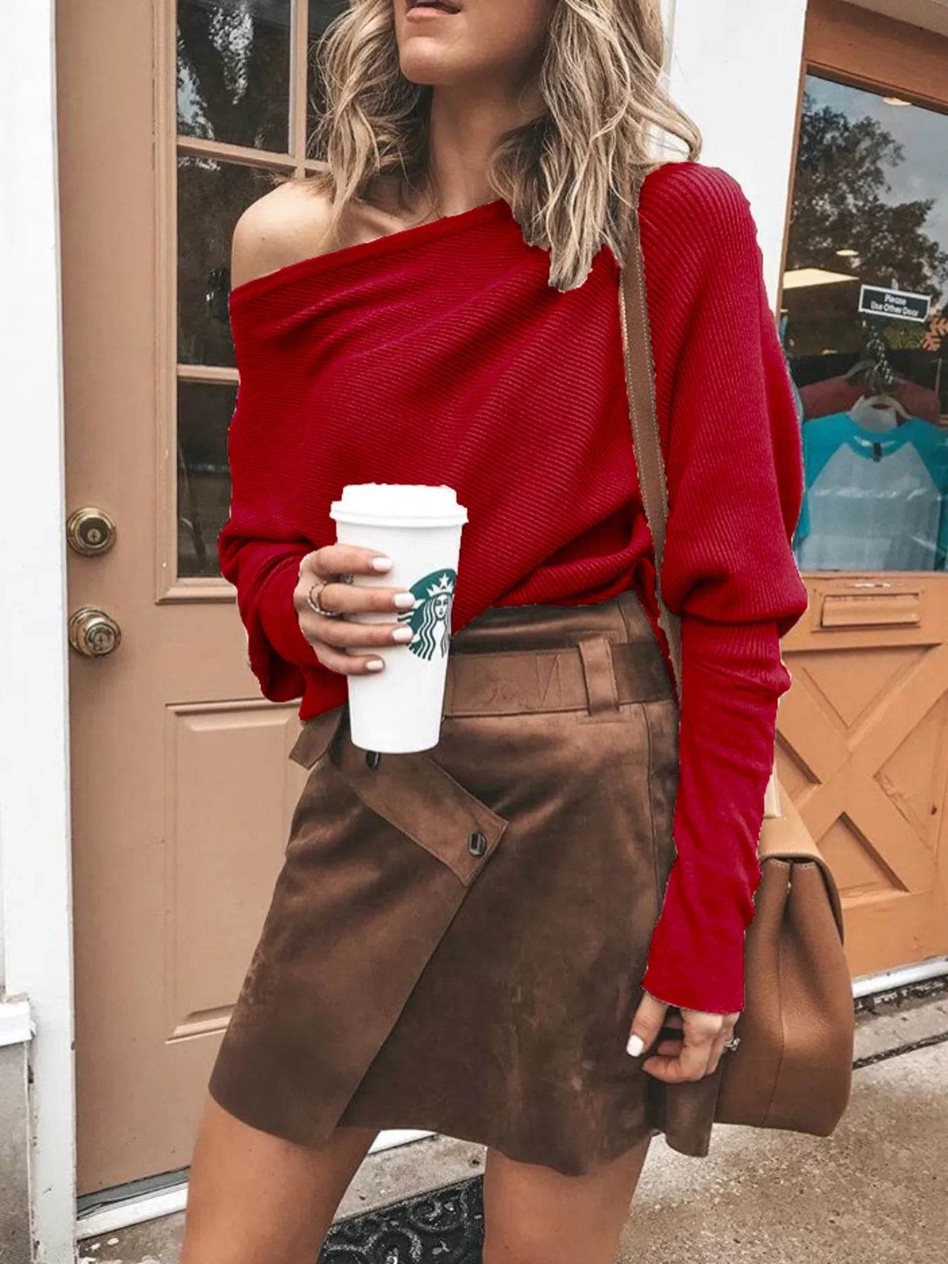 Full Size One-Shoulder Ribbed Sweater Plus Size - IntuitiveEncBoutique