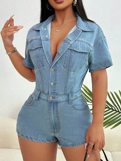 Collared Neck Short Sleeve Denim Romper - IntuitiveEncBoutique