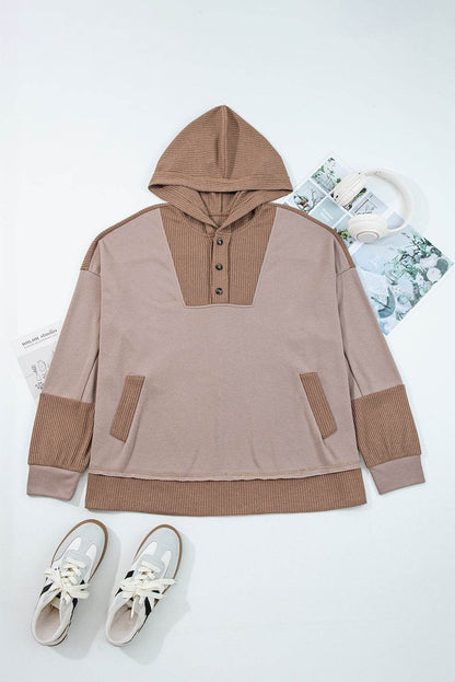 Goat Waffle Contrast Patchwork Plus Size Pocketed Hoodie - IntuitiveEncBoutique