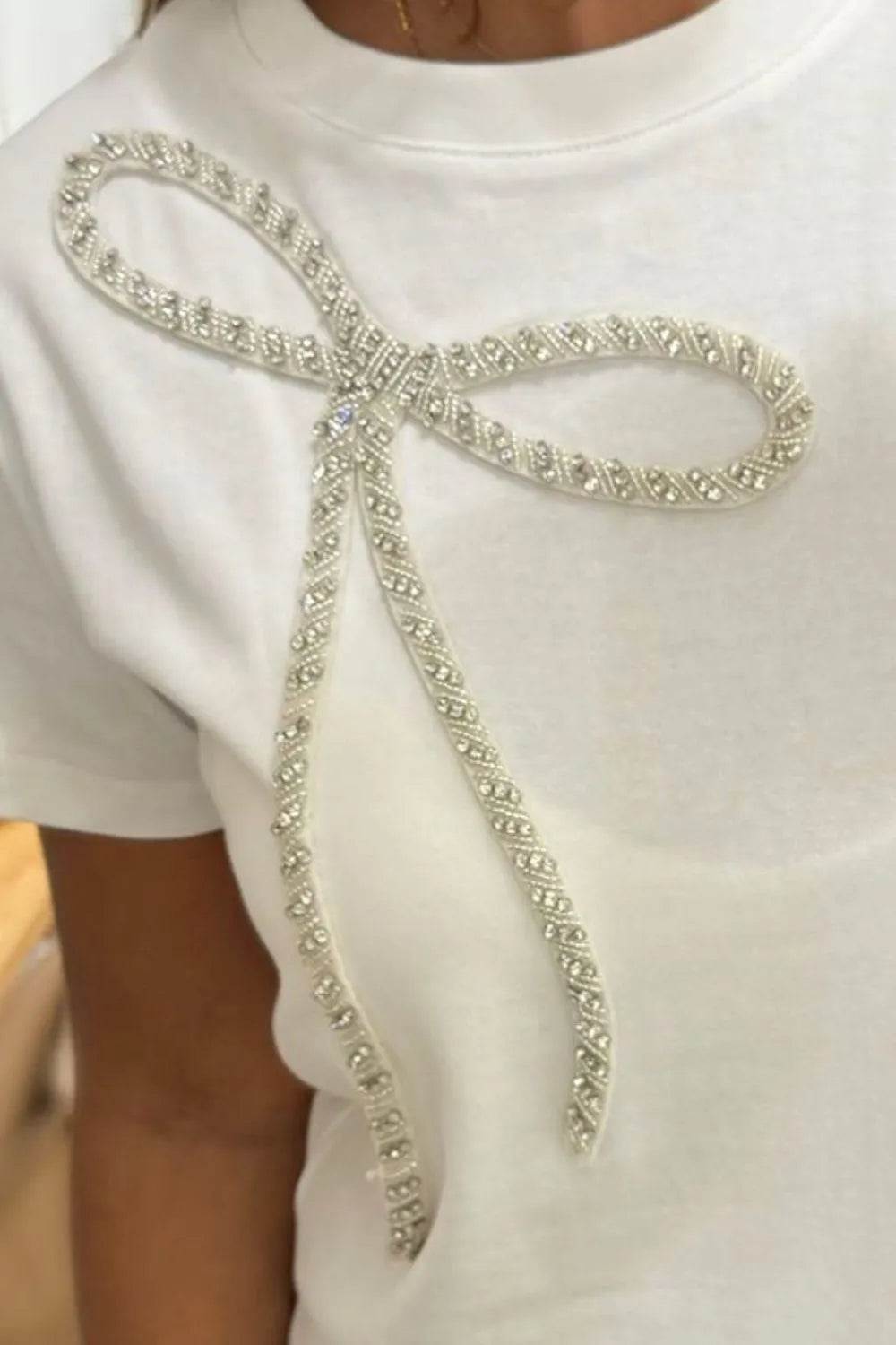 Rhinestone Bow Round Neck Short Sleeve T-Shirt - IntuitiveEncBoutique