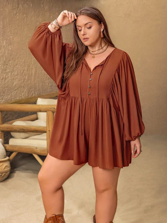 Plus Size Ruched Tie Neck Balloon Sleeve Romper - IntuitiveEncBoutique
