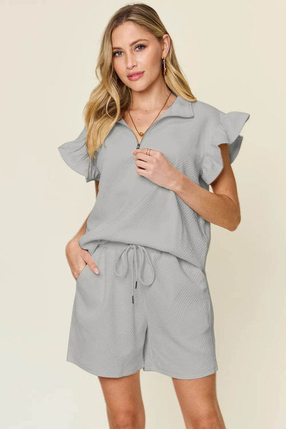 Double Take Full Size Texture Flounce Sleeve Top and Drawstring Shorts Set - IntuitiveEncBoutique