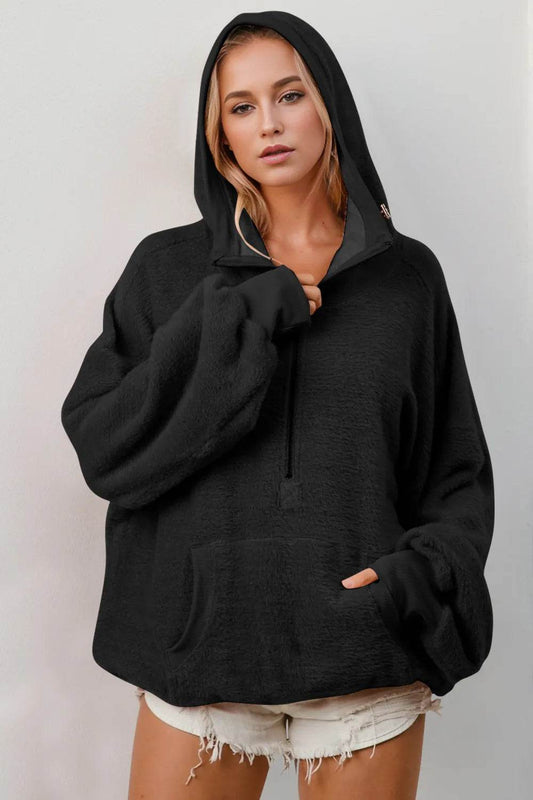Double Take Full Size Half Zip Long Sleeve Hoodie with Kangaroo Pocket - IntuitiveEncBoutique