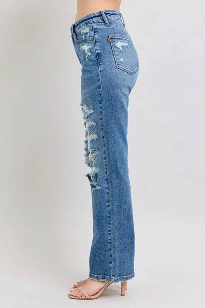Judy Blue Full Size High Waist Heavy Destroy Straight Jeans Plus Size - IntuitiveEncBoutique