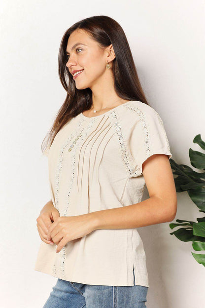 Double Take Crochet Buttoned Short Sleeves Top - IntuitiveEncBoutique