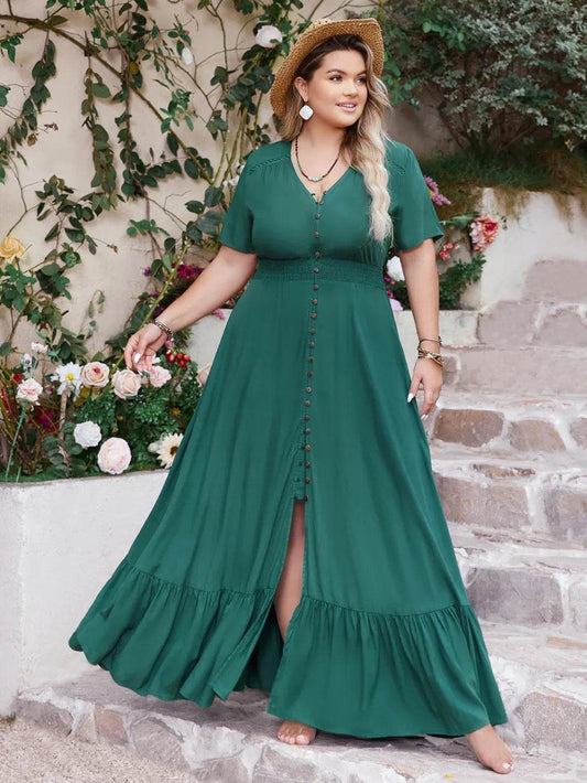 Plus Size Button Detail V-Neck Short Sleeve Maxi Dress - IntuitiveEncBoutique