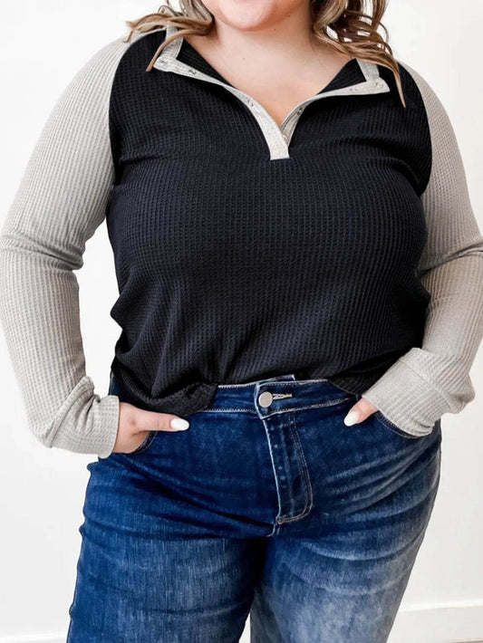 Plus Size Waffle-Knit Half Snap Long Sleeve Shirt - IntuitiveEncBoutique