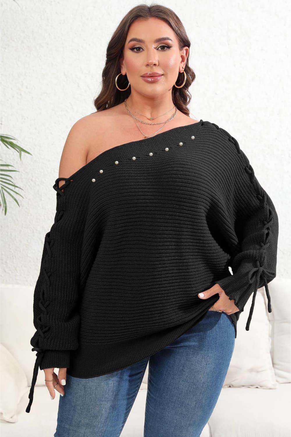 Plus Size One Shoulder Beaded Sweater - IntuitiveEncBoutique