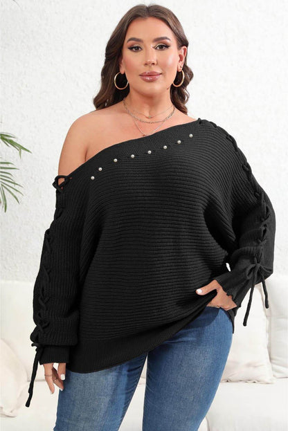 Plus Size One Shoulder Beaded Sweater - IntuitiveEncBoutique