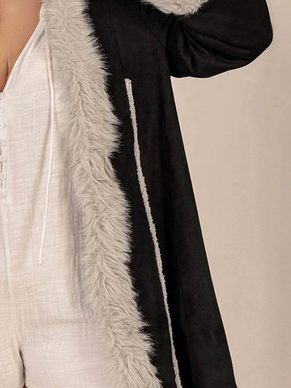 Plus Size Fuzzy Trim Open Front Long Sleeve Hooded Coat - IntuitiveEncBoutique