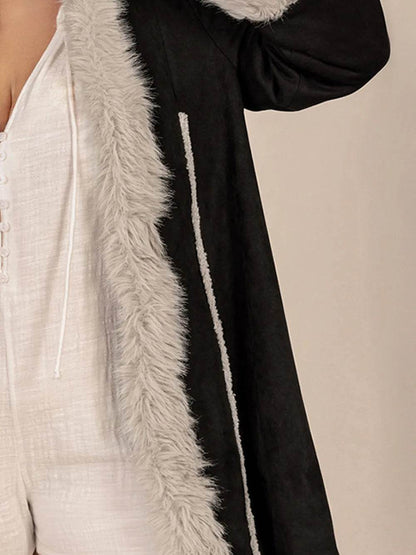 Plus Size Fuzzy Trim Open Front Long Sleeve Hooded Coat - IntuitiveEncBoutique