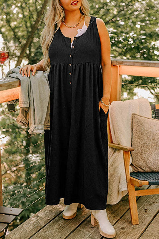 Black Plus Size Sleeveless Button Front Loose Jumpsuit - IntuitiveEncBoutique