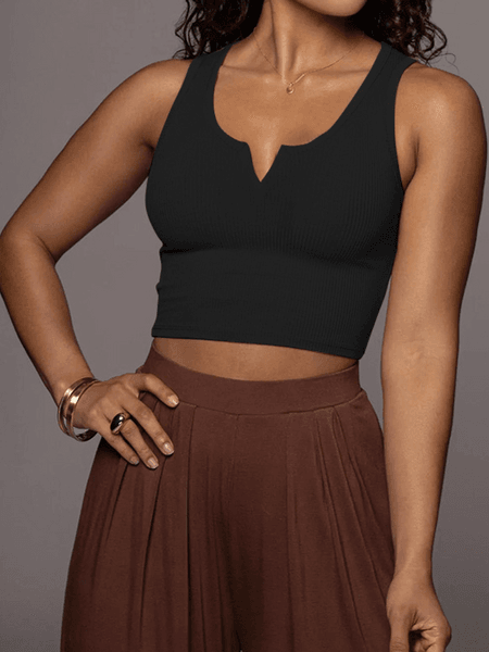 Cropped Split Neckline Knit Tank Top - IntuitiveEncBoutique