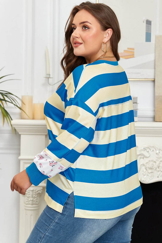 Blue Stripe Floral Color Block Drop Shoulder Plus Size Pullover Top - IntuitiveEncBoutique