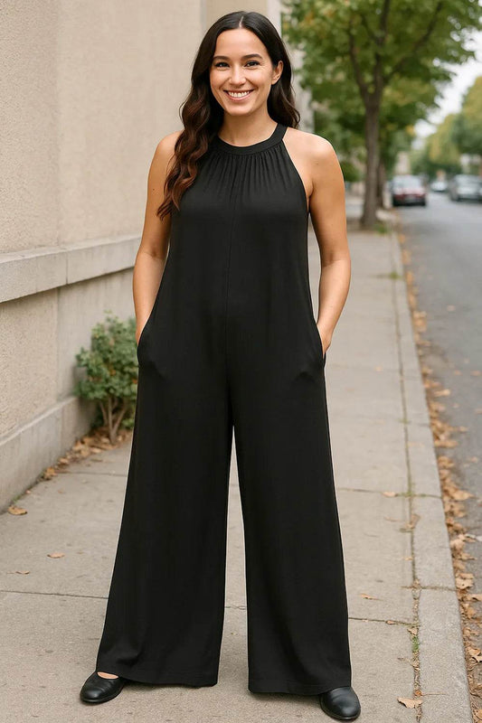 Double Take Full Size Tie Back Cutout Sleeveless Jumpsuit - IntuitiveEncBoutique