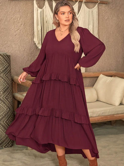 Plus Size Ruffled V-Neck Long Sleeve Dress - IntuitiveEncBoutique
