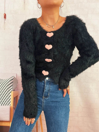 Fuzzy Heart Shape Button-Up Cardigan - IntuitiveEncBoutique