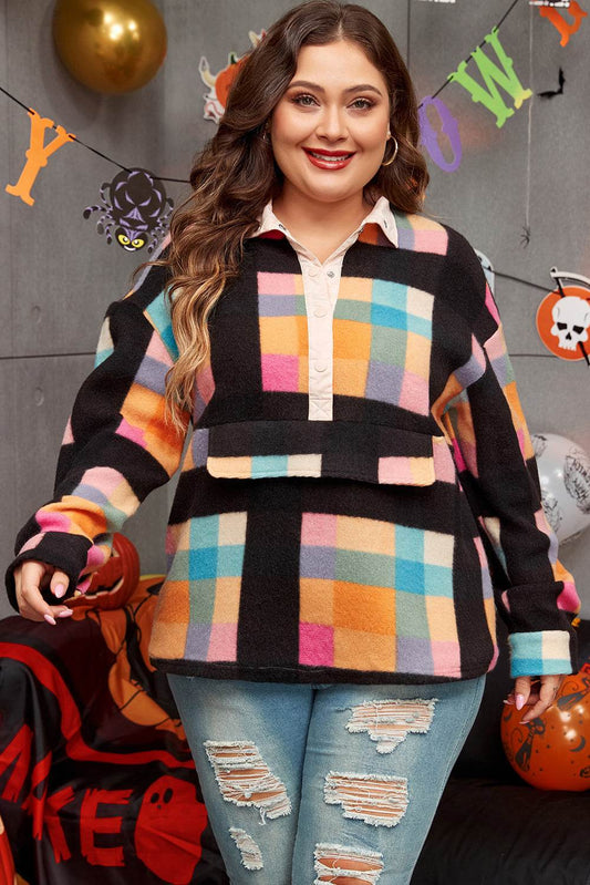 Black Plus Size Checkered Print Sherpa Henley Sweatshirt - IntuitiveEncBoutique