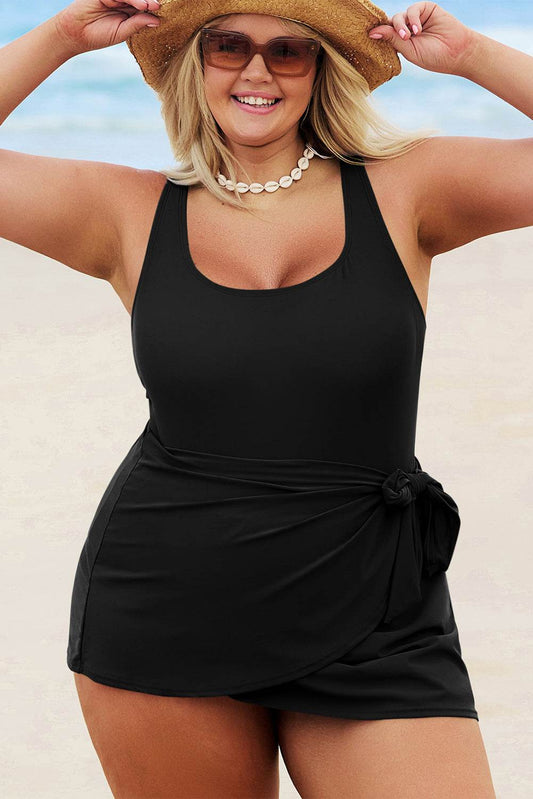 Black Solid Color Square Neck Knotted Plus Size One Piece Swimsuit - IntuitiveEncBoutique