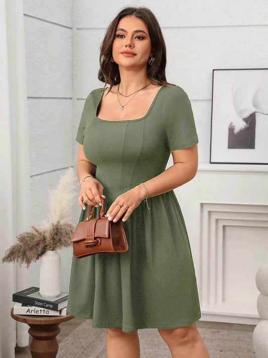Plus Size Square Neck Short Sleeve Mini Dress - IntuitiveEncBoutique