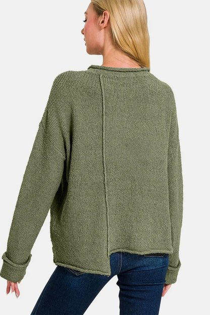 Zenana Asymmetric Hem Drop Shoulder Sweater - IntuitiveEncBoutique
