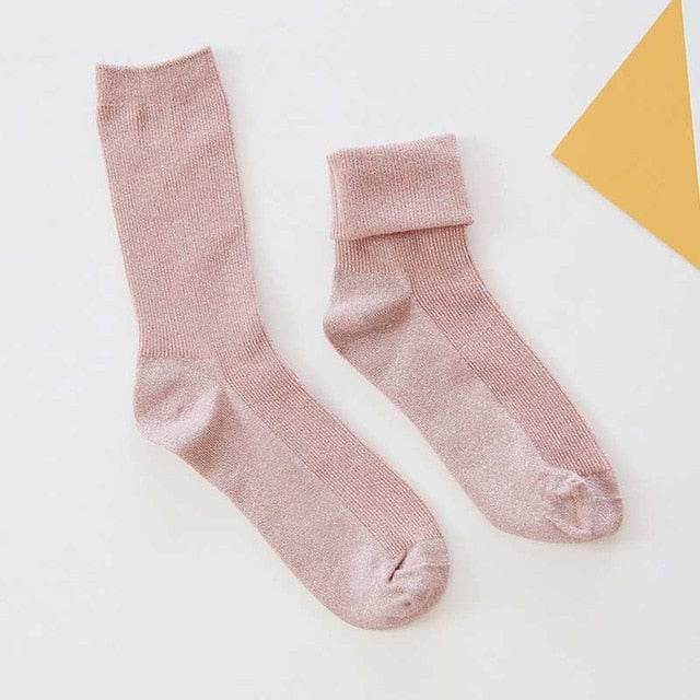 Winter Cotton Solid Shiny Woman Simple Socks Fashion Art Fold Female Student Thick Warm Socks Shiny Metallic Line Sock - IntuitiveEncBoutique