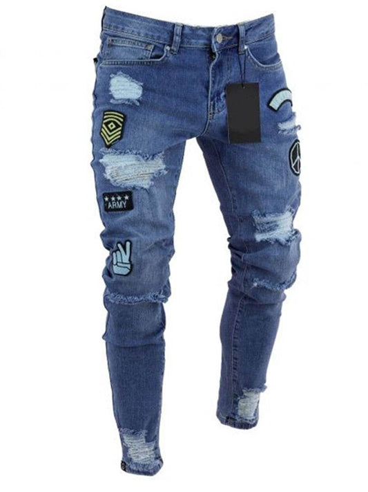 Men's Ripped jeans Badge Letters Hip-hop Skinny Jogging Denim Fashion Pencil Long Trousers Distressed Jeans For Men Clothing - IntuitiveEncBoutique