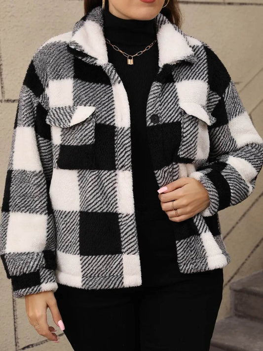 Plus Size Pocketed Plaid Collared Neck Jacket - IntuitiveEncBoutique