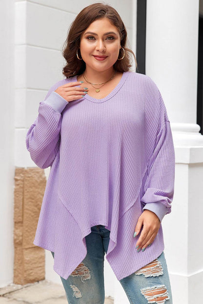 Orchid Petal Plus Size Waffle Knit Exposed Seam Flowy Top - IntuitiveEncBoutique