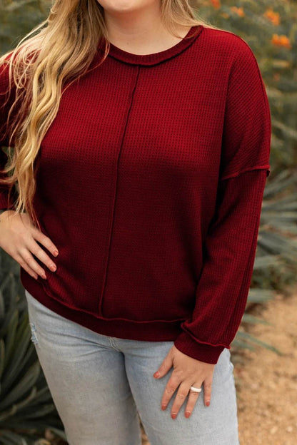 Plus Size Exposed Seam Waffle-Knit High-Low Sweatshirt - IntuitiveEncBoutique