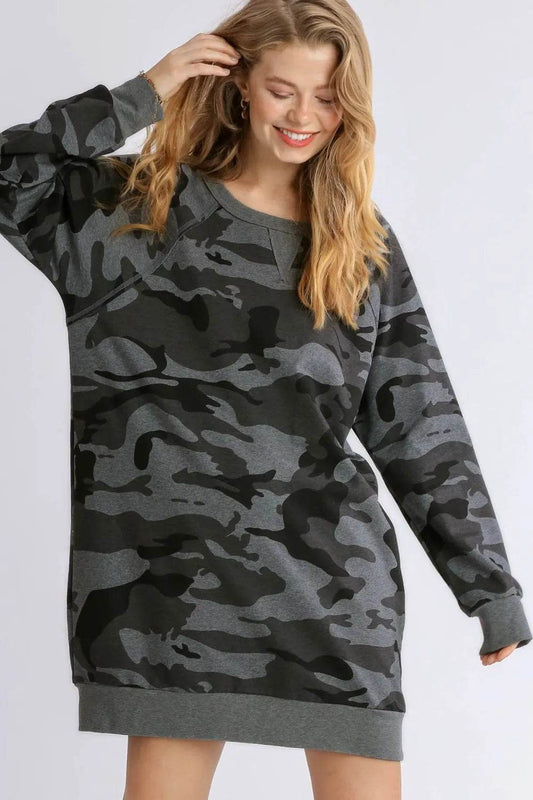 Full Size Camo Print Ribbed Hem French Terry Mini Dress Plus Size - IntuitiveEncBoutique