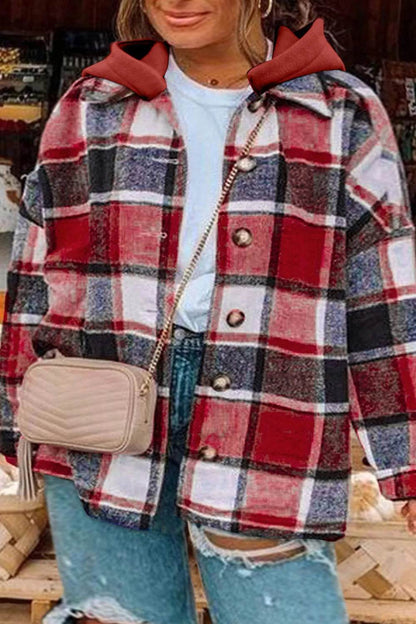 Plus Size Plaid Button Up Hooded Jacket - IntuitiveEncBoutique
