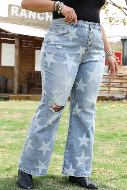 Sky Blue Star Printed Multi Buttons Slit Knee Destroyed Plus Size Jeans - IntuitiveEncBoutique