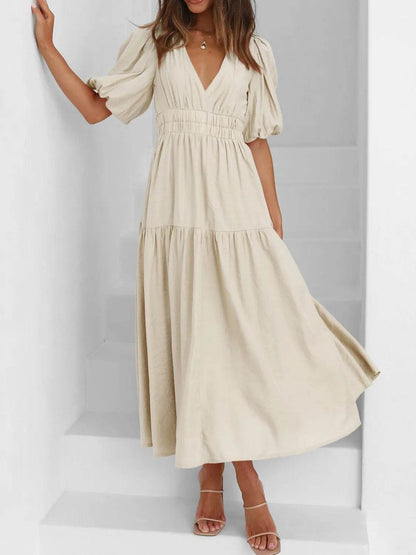 V-Neck Puff Sleeve Midi Dress - IntuitiveEncBoutique