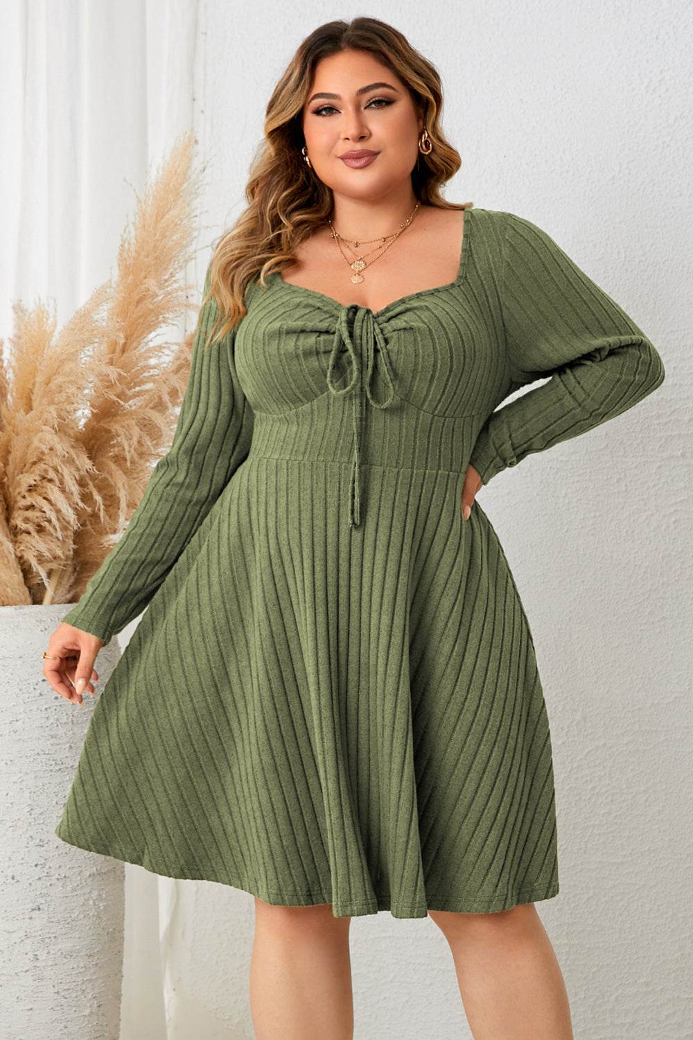 Honey Plus Size Sweetheart Neck Long Sleeve Ribbed Dress - IntuitiveEncBoutique