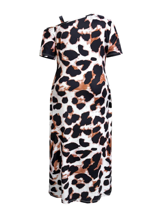 Plus Size Leopard Print Short Sleeve Maxi Dress with Side Slit - IntuitiveEncBoutique