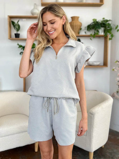 Double Take Full Size Texture Flounce Sleeve Top and Drawstring Shorts Set - IntuitiveEncBoutique