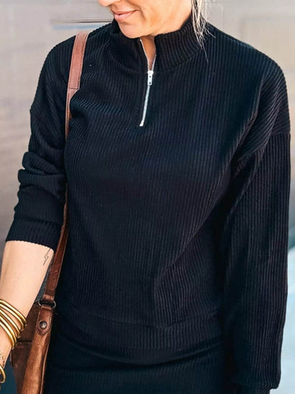 Ribbed Knit Quarter-Zip Top and Skirt Set - IntuitiveEncBoutique
