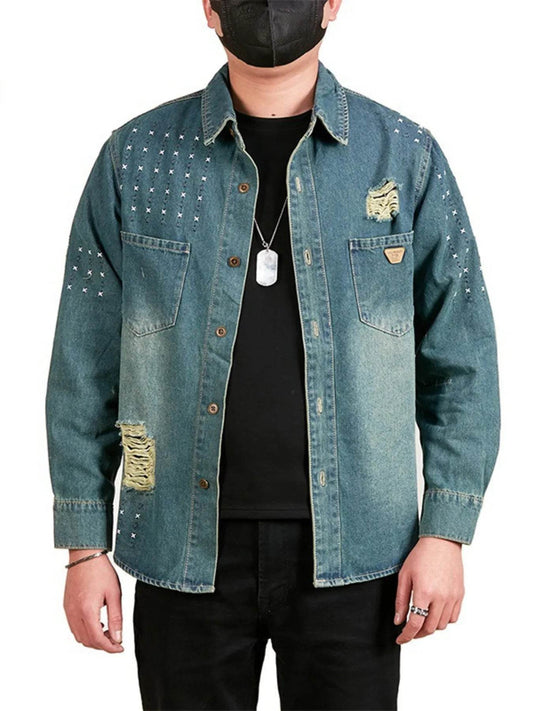 Men's Plus Size Studded Distressed Denim Jacket - IntuitiveEncBoutique