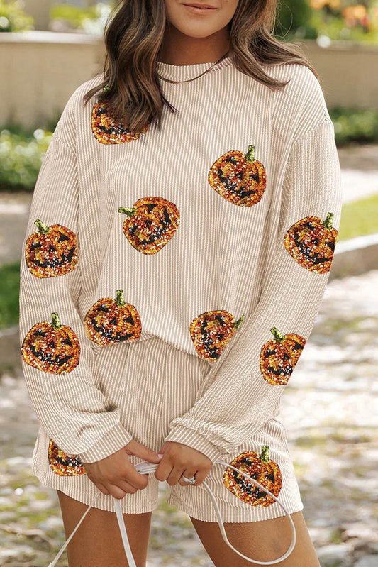 Sequin Pumpkin Round Neck Top and Shorts Set - IntuitiveEncBoutique