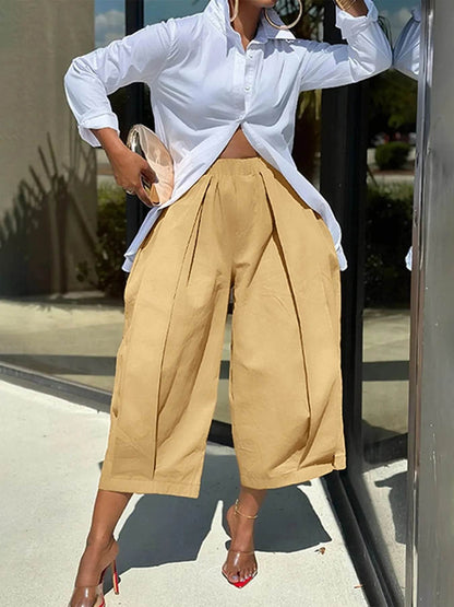 Plus Size Wide Leg Pleated Detail Cropped Pants - IntuitiveEncBoutique