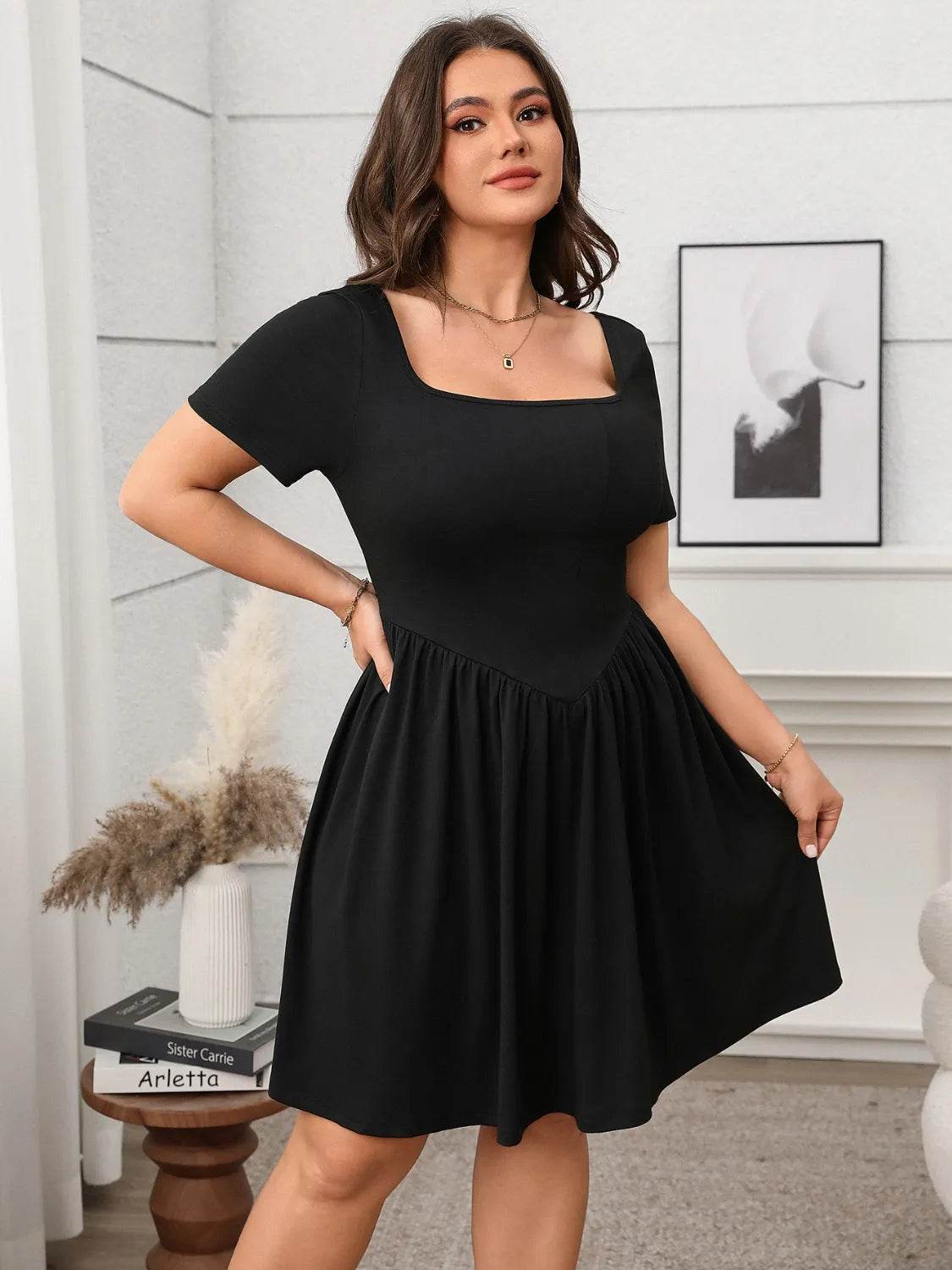 Plus Size Square Neck Short Sleeve Mini Dress - IntuitiveEncBoutique