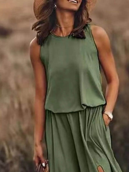 Full Size Round Neck Sleeveless Slit Maxi Dress Plus Size - IntuitiveEncBoutique