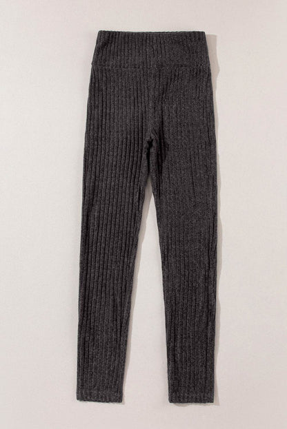 Dark Grey Wide Waistband Ribbed Textured Knit Leggings - IntuitiveEncBoutique