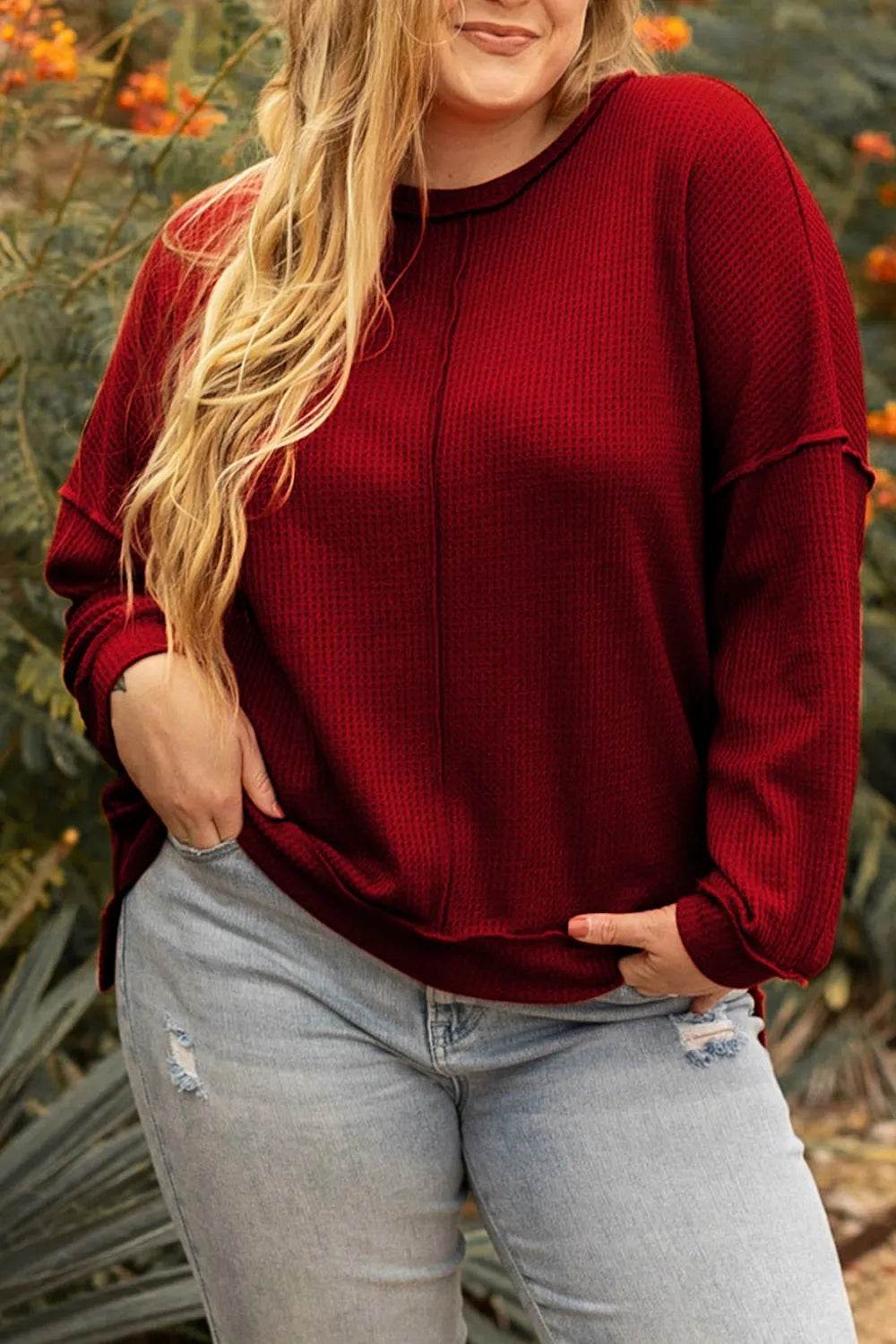 Plus Size Exposed Seam Waffle-Knit High-Low Sweatshirt - IntuitiveEncBoutique